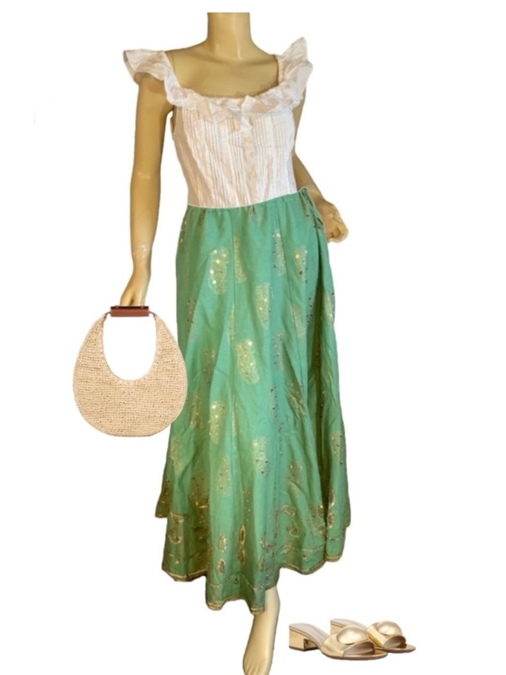 VINTAGE Y2K WD NY GREEN W/GOLD SEQUINS LINEN BLEND MAXI SKIRT (10)